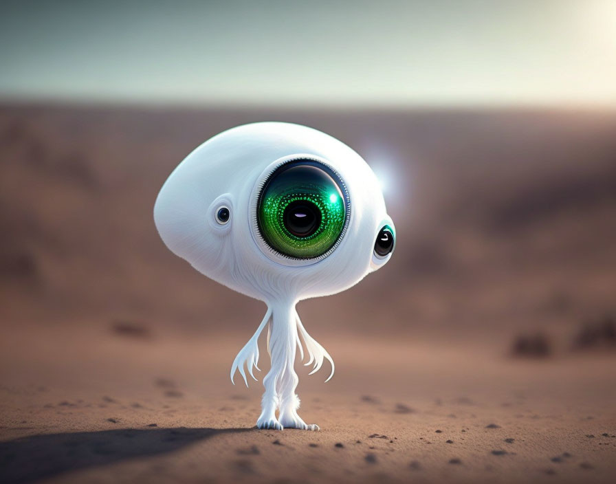 Whimsical creature with large eye-like structure on small body standing on sandy surface