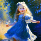 Young girl in blue dress twirling in sunny garden