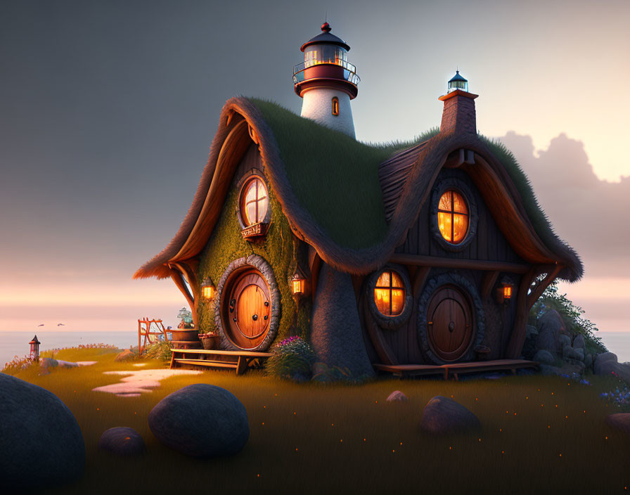 Cozy cottage with lighthouse tower, thatched roof, and round windows by the ocean at twilight