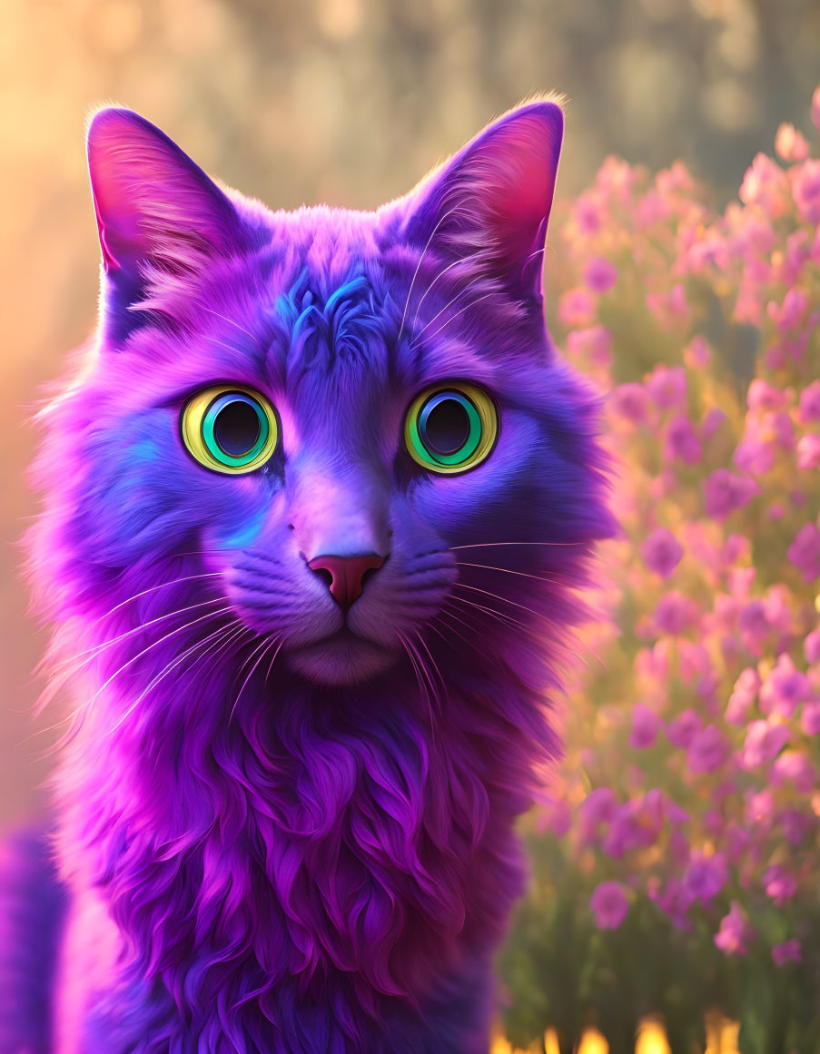 Colorful Purple and Blue Cat with Green and Yellow Eyes in Pink Flower Setting