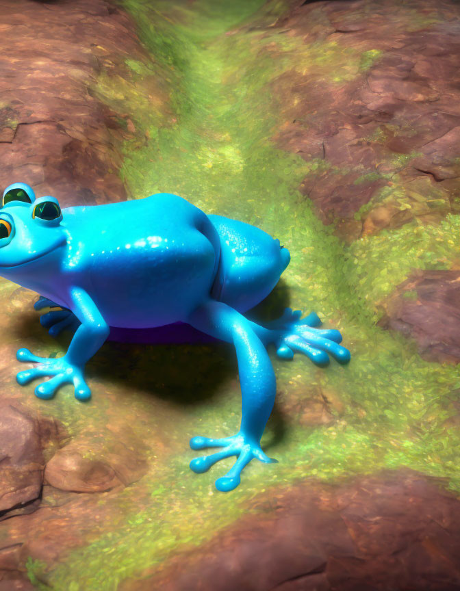 Vibrant blue animated frog on mossy green surface