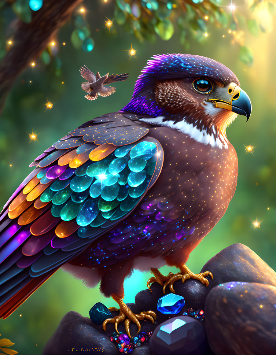 Majestic eagle illustration with iridescent feathers perched on rocks