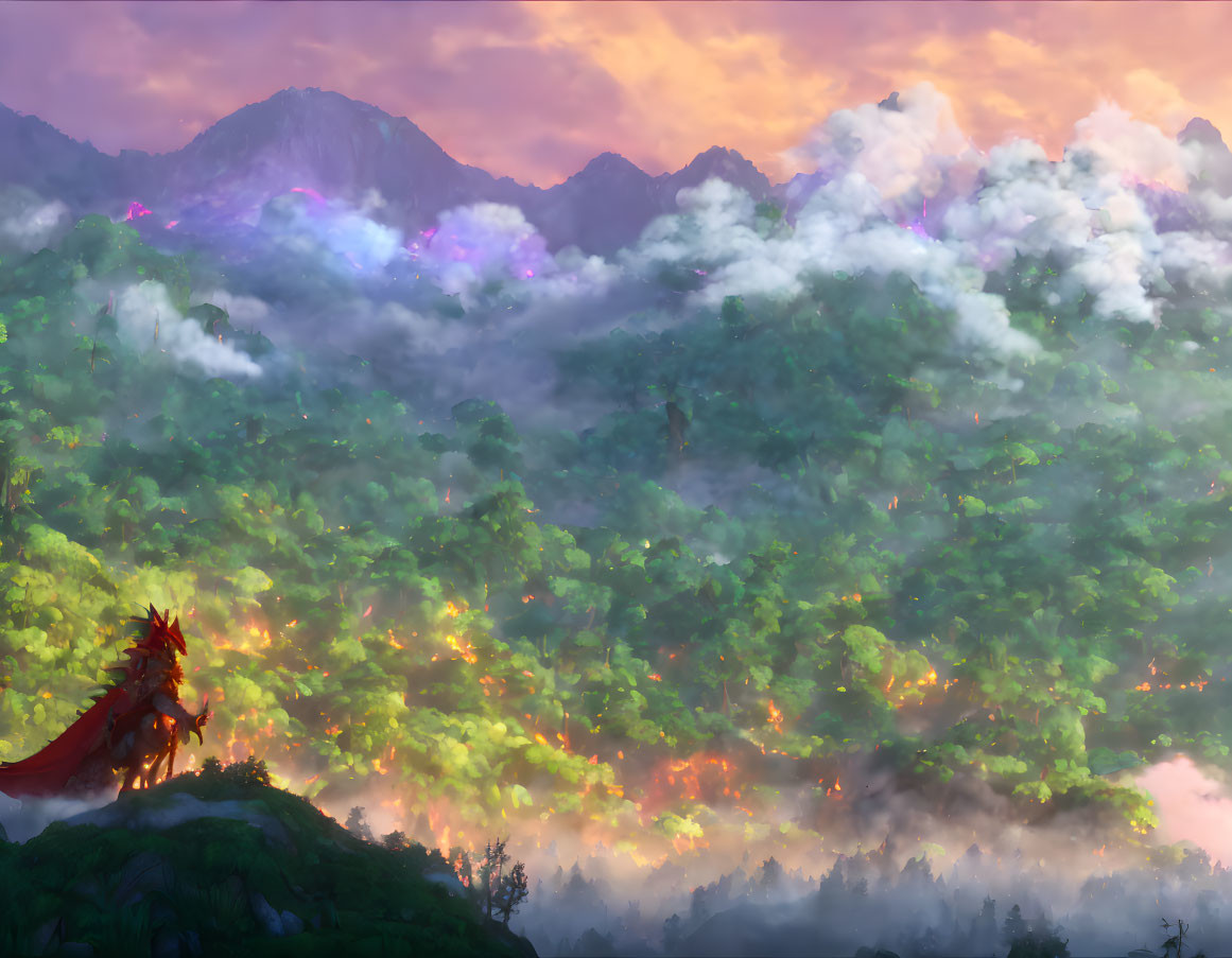 Majestic dragon on cliff gazes at colorful sunset forest.