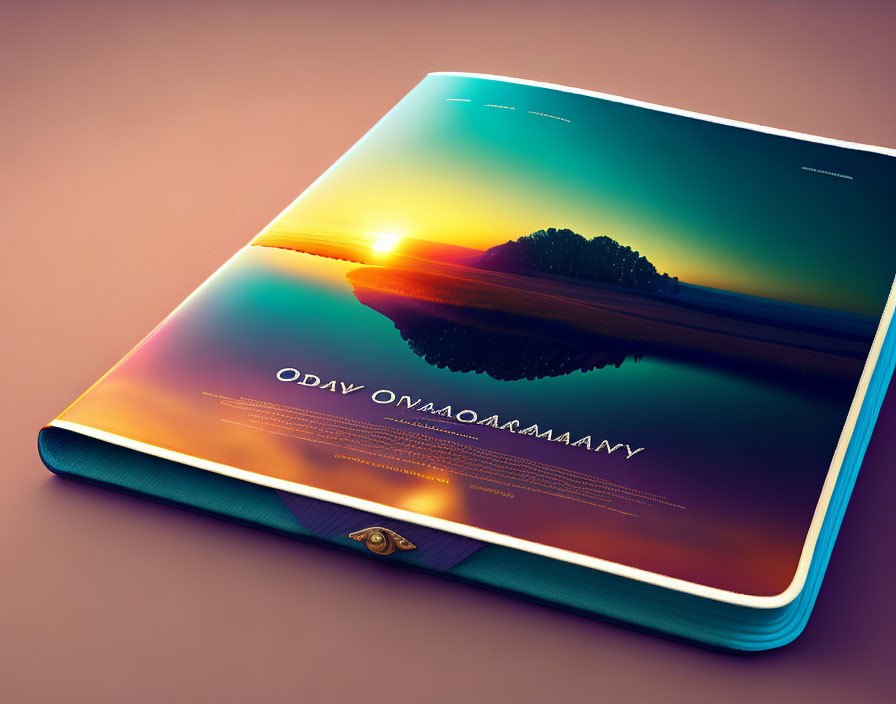 Tranquil sunset landscape on open magazine spread