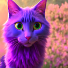 Colorful Purple and Blue Cat with Green and Yellow Eyes in Pink Flower Setting