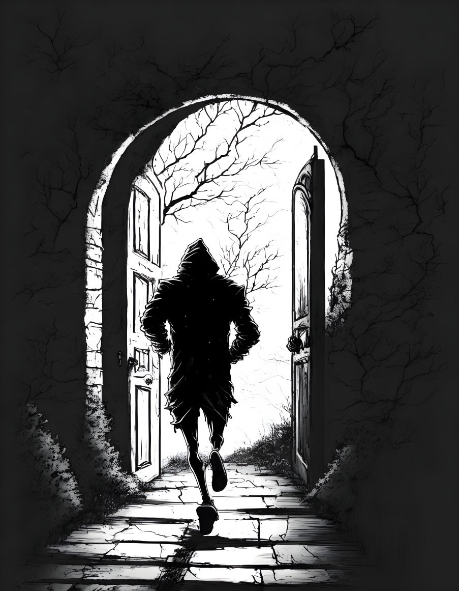 Figure running through open doorway into light with bare tree branches and cobblestone path.