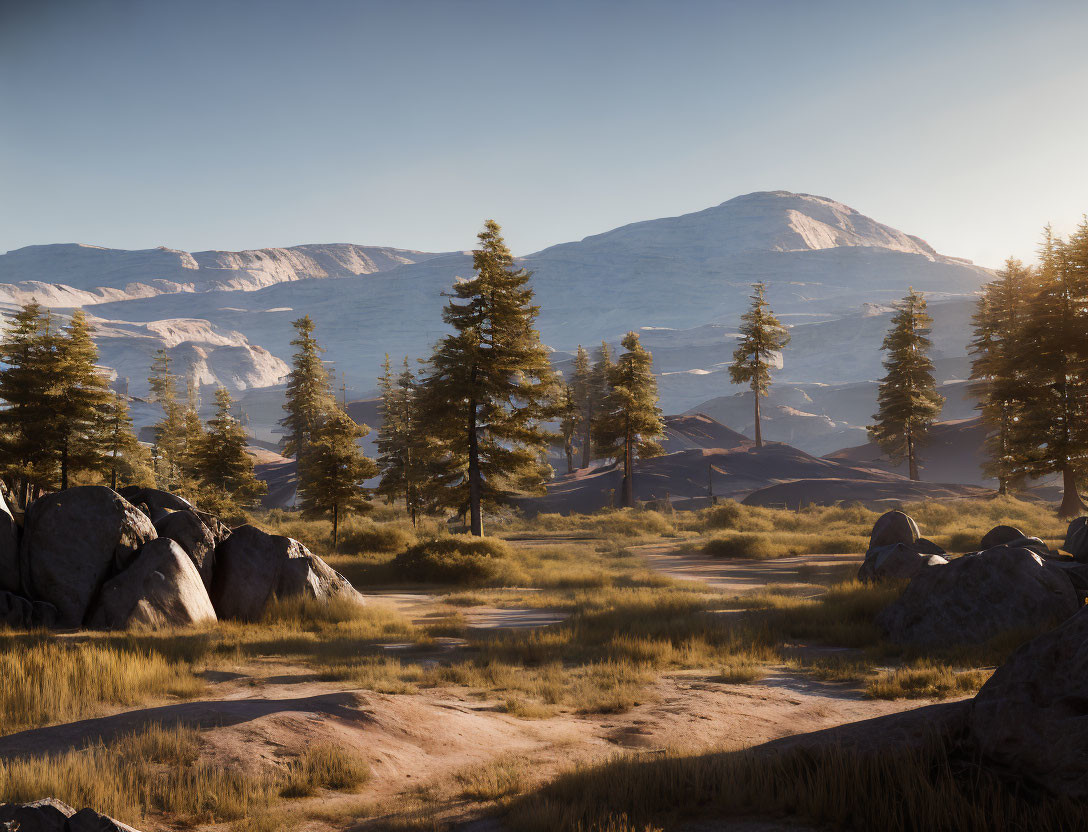 Sunlit Path Through Pine Forest Towards Snow-Capped Mountains