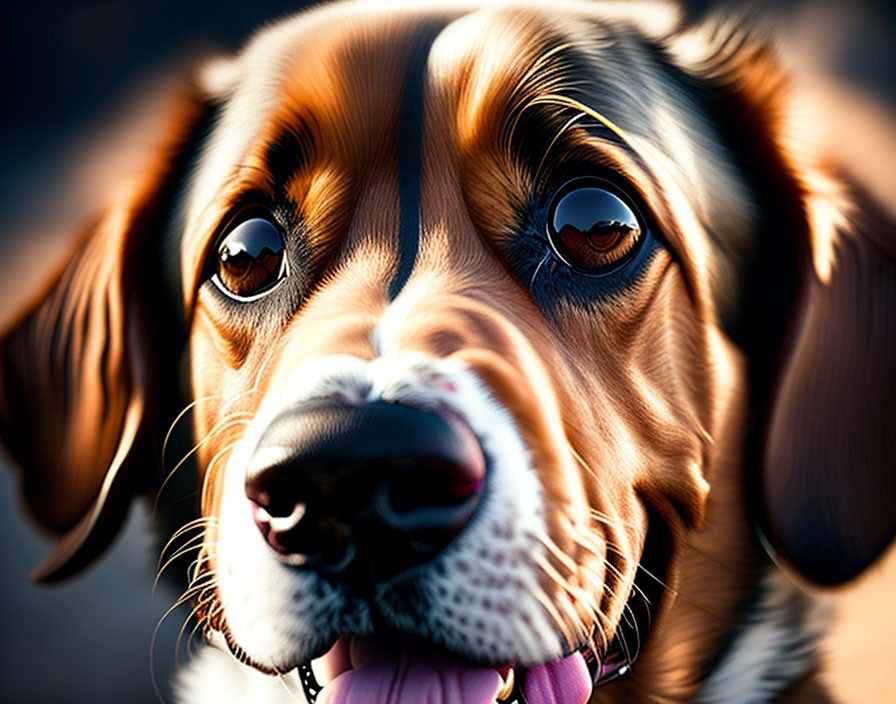 Brown and White Dog with Large Glossy Eyes and Pink Tongue Close-Up