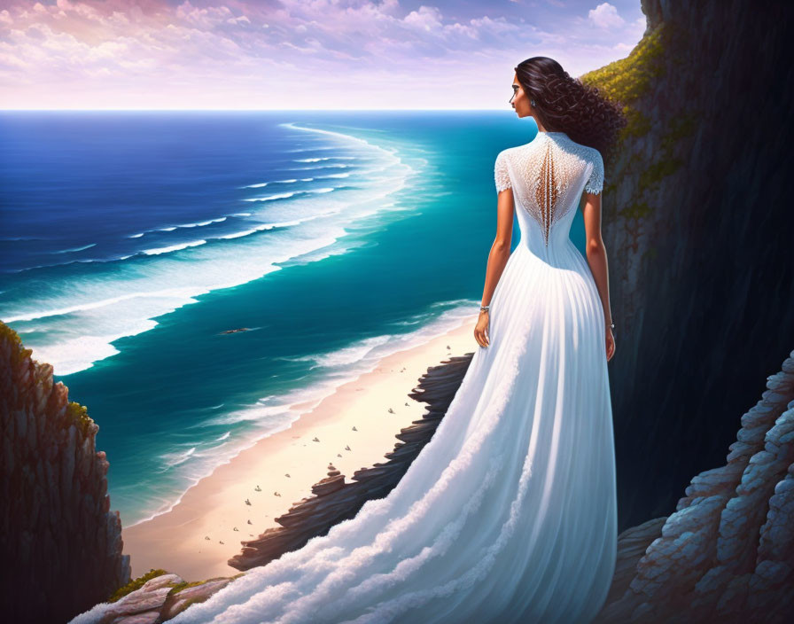 Woman in flowing white dress on cliff overlooking serene beach