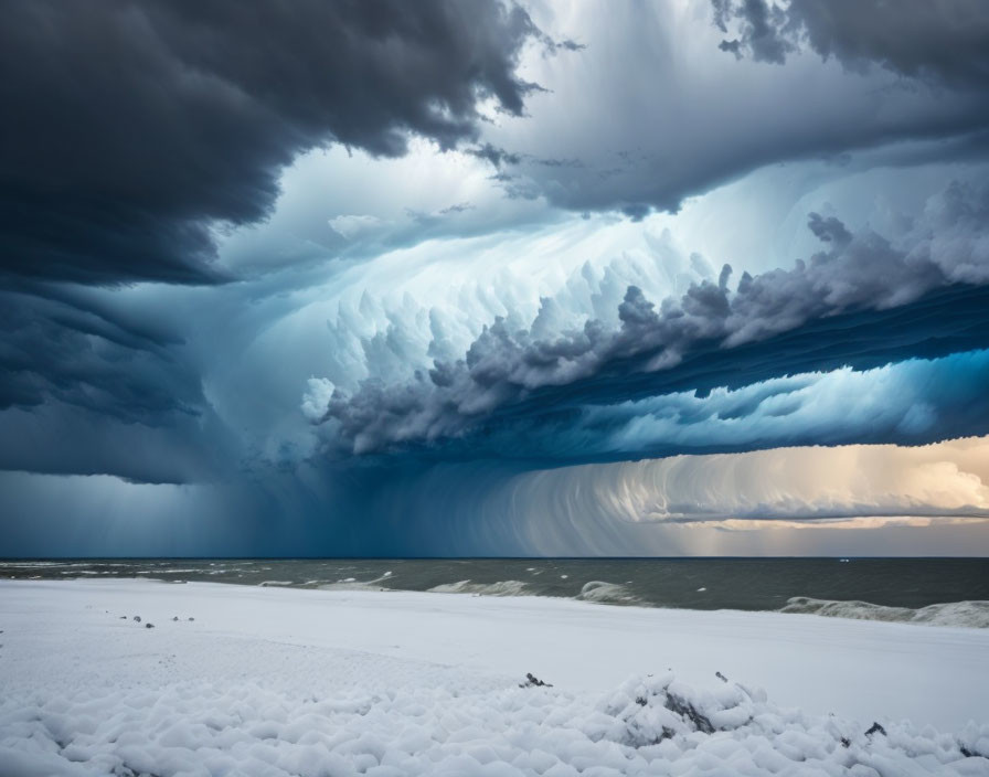 Stormy skies over snowy beach with dramatic shelf cloud