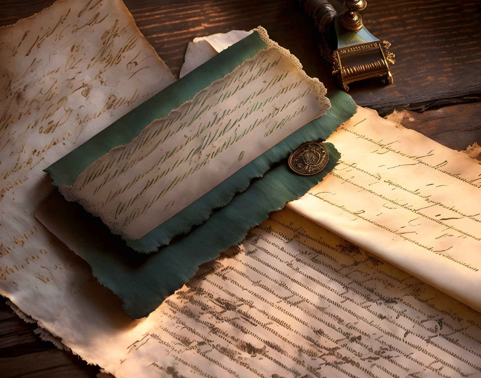 Antique parchment with elegant handwriting on green fabric, inkwell, quill on wooden surface