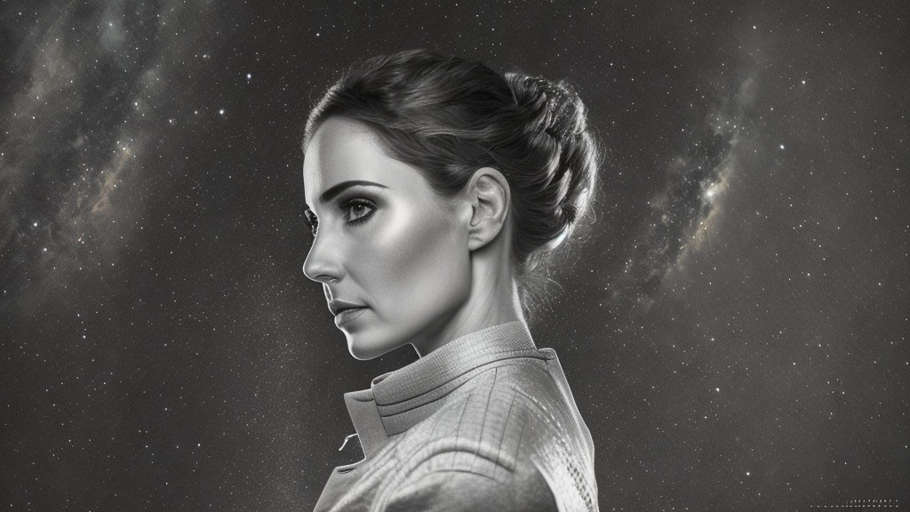 Profile of Woman with Bun Hairstyle in Cosmic Space Setting