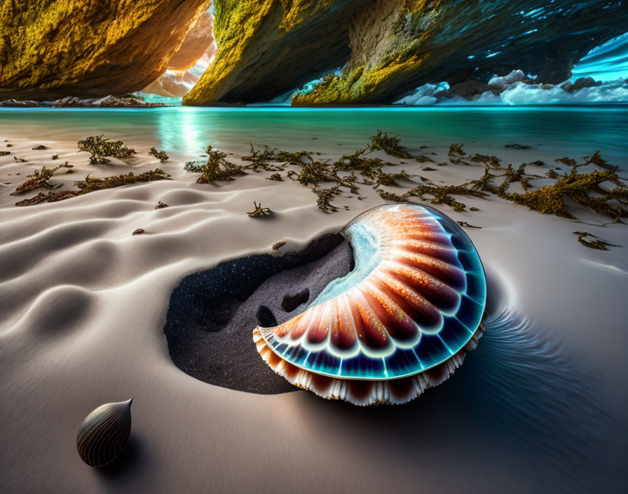 Colorful seashell on sandy beach near cave with glistening water and sunlit rocks