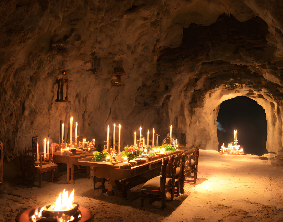 Cozy underground banquet hall with warm lighting and candles