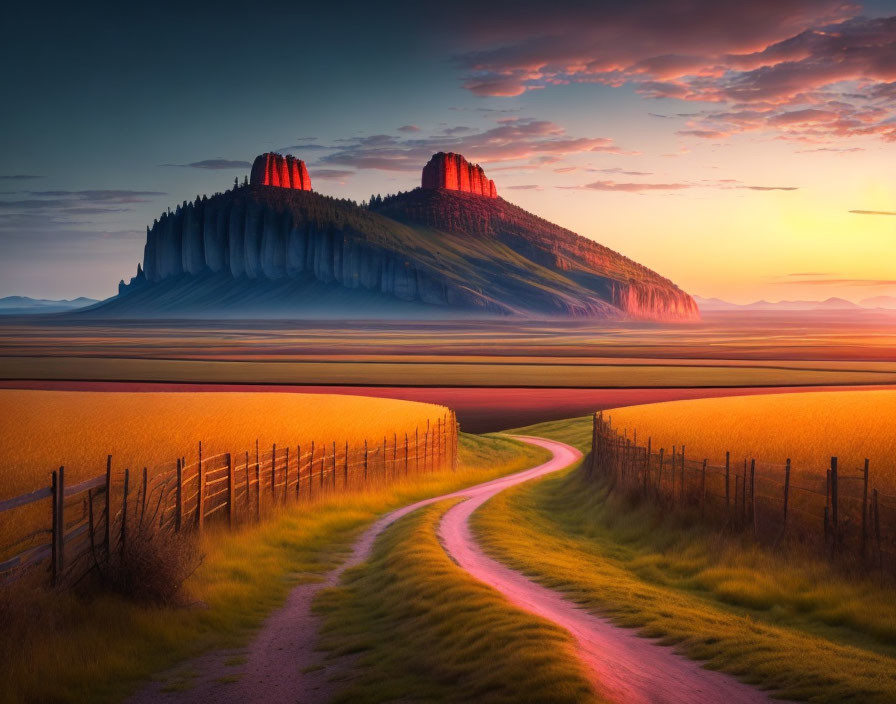 Golden Fields and Mesas under Vibrant Sunset Sky