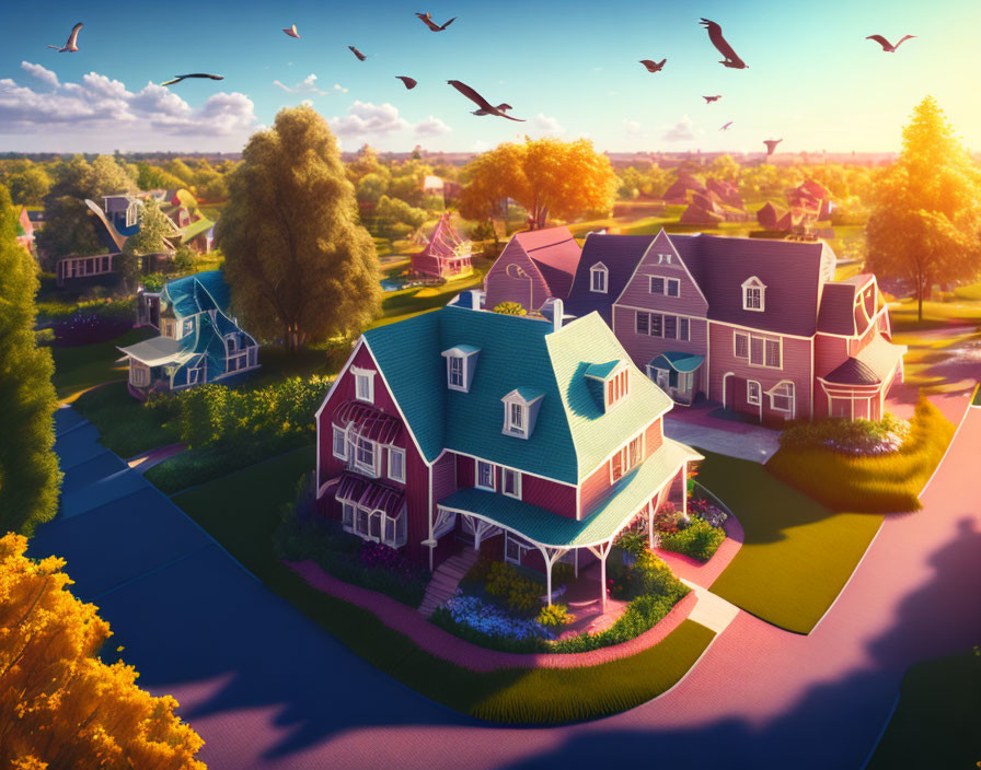 Colorful houses in a serene suburban setting with manicured lawns and a vibrant sunset.