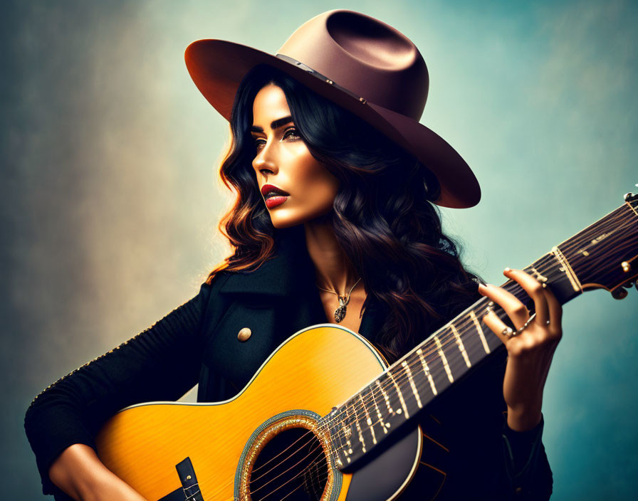 Fashionable woman with hat holding acoustic guitar on blue background