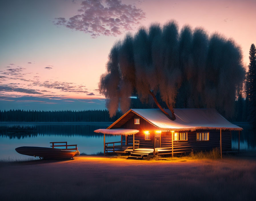 Tranquil lakeside scene at dusk with wooden cabin and rowboat