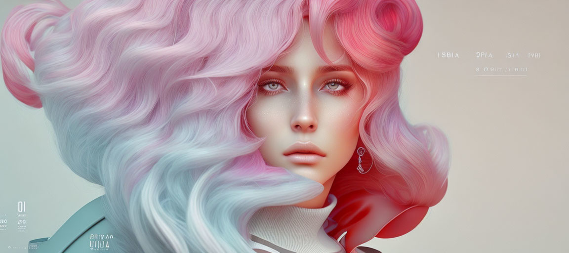 Digital artwork featuring female figure with pastel pink and blue wavy hair and captivating blue eyes.