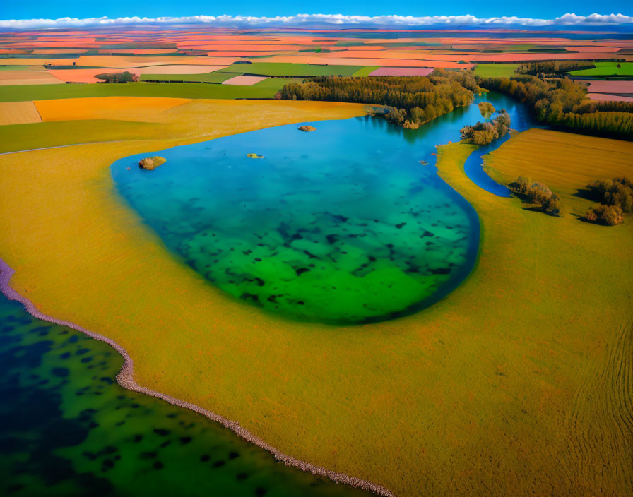 Vibrant Blue-Green Lake Surrounded by Colorful Agricultural Fields