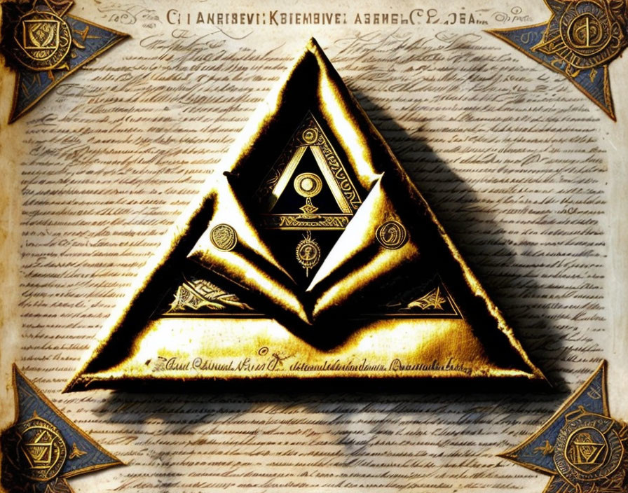 Golden 3D Eye Triangle with Cryptic Symbols on Ancient Manuscript & Seals