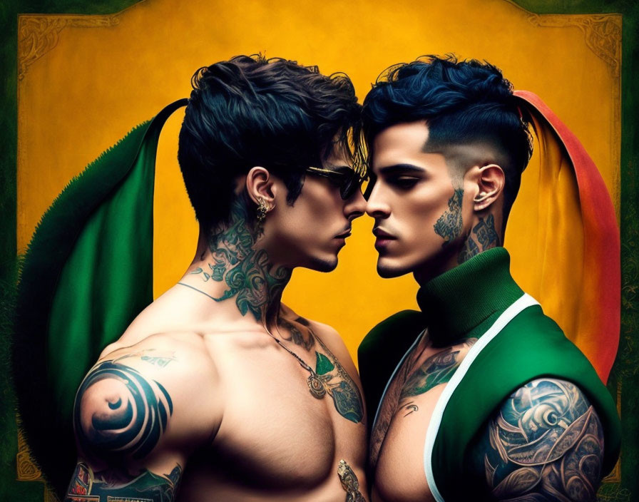 Tattooed models posing back to back in colorful fabrics on yellow backdrop