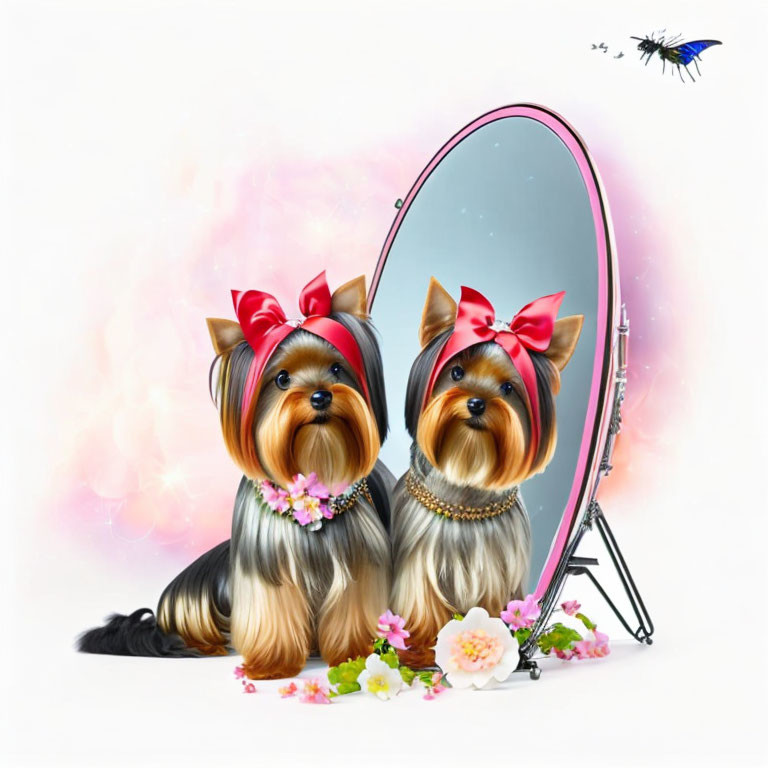 Illustrated Yorkshire Terriers with Red Bows and Pearls on Pink and White Background