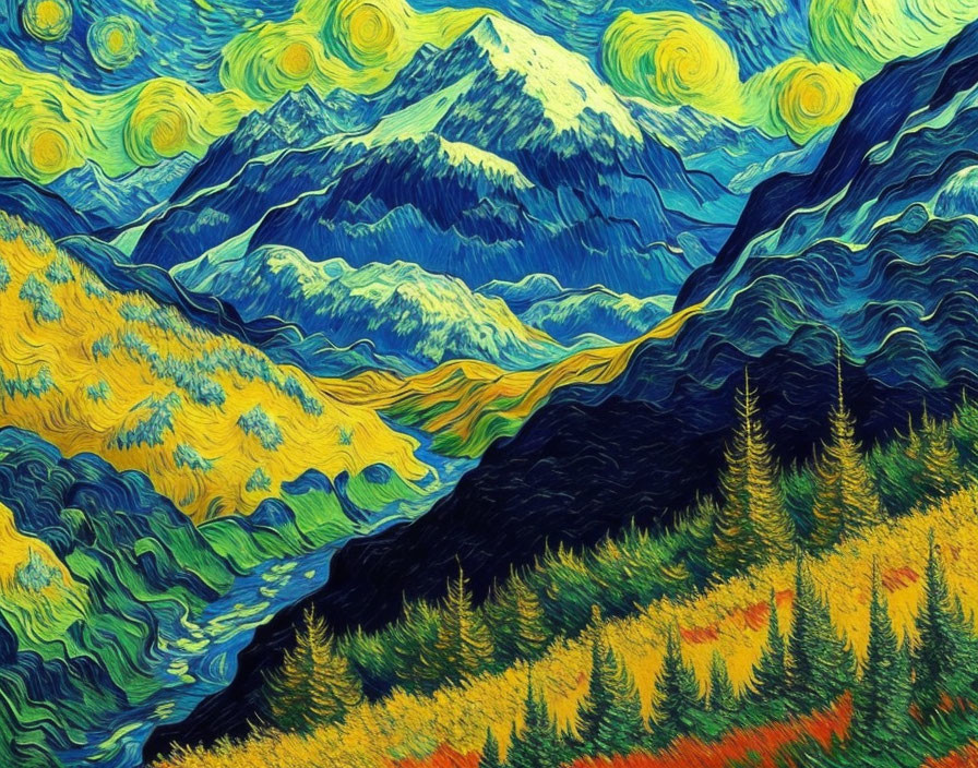 Colorful landscape painting with swirling skies and bold mountains