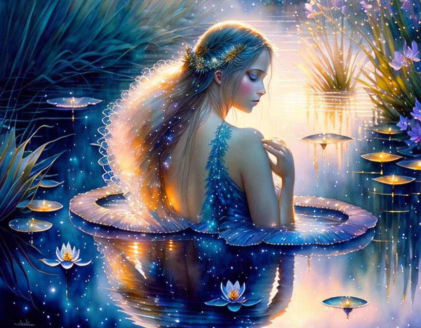 Serene painting of a woman with fairy wings on lily pad in moonlit pond