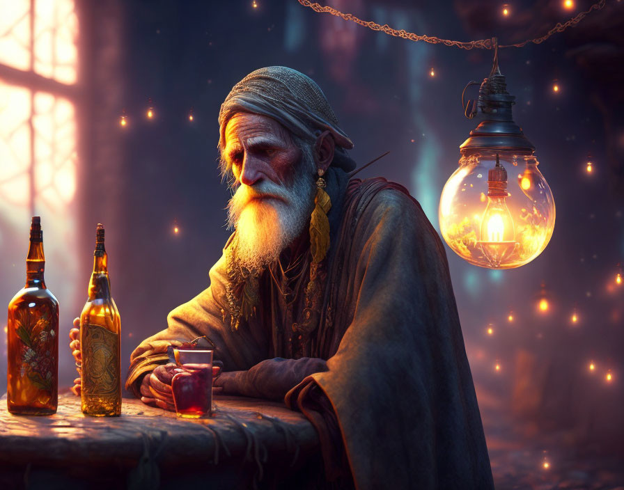 Elderly bearded man sitting at table with bottles and drink under glowing lantern