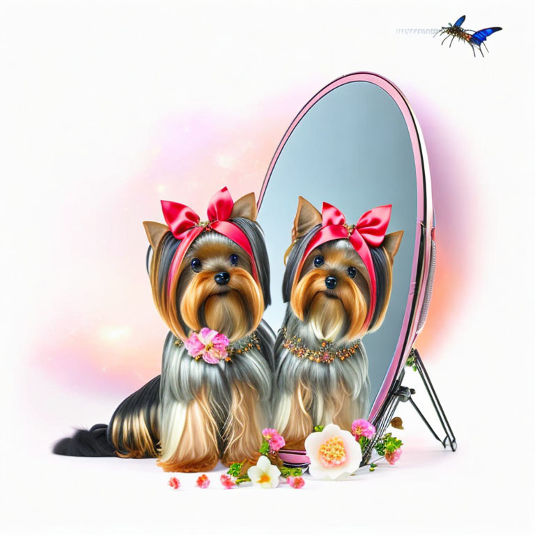 Illustration of Yorkshire Terrier with red bow, mirror, flowers, and butterfly