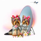 Illustration of Yorkshire Terrier with red bow, mirror, flowers, and butterfly