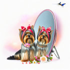 Illustrated Yorkshire Terriers with Red Bows and Pearls on Pink and White Background