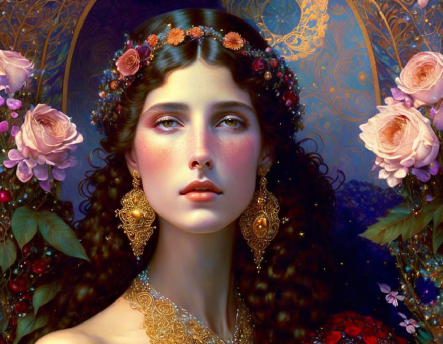 Ethereal portrait of woman with flowers in hair and gold jewelry against floral backdrop