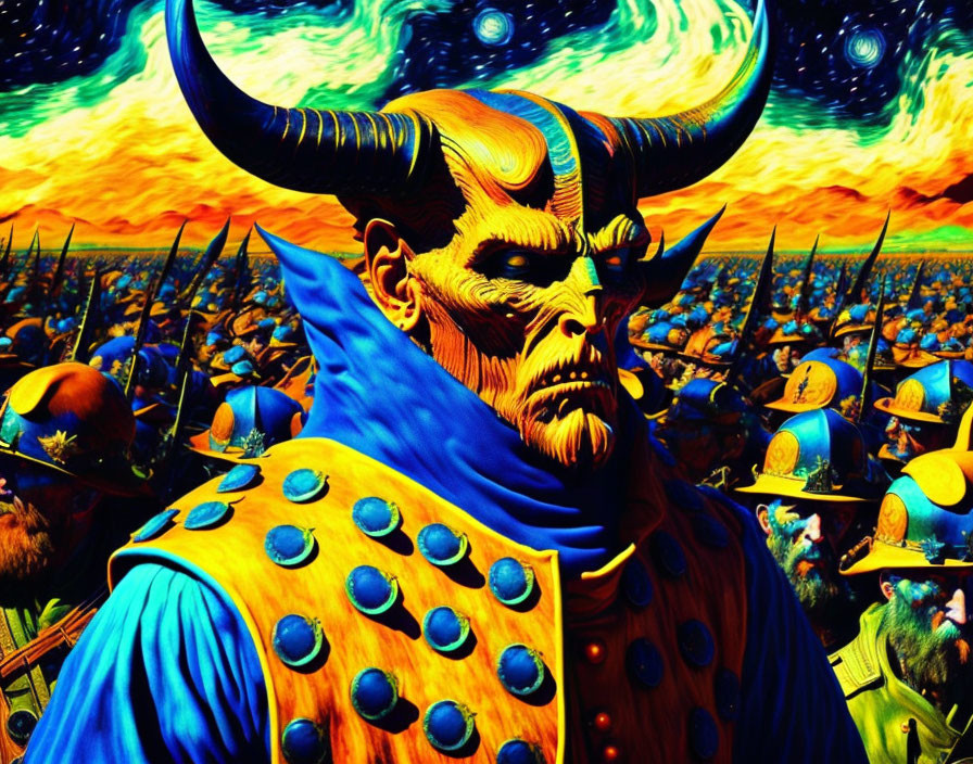 Fantastical artwork of horned character in blue armor leading army under orange sky