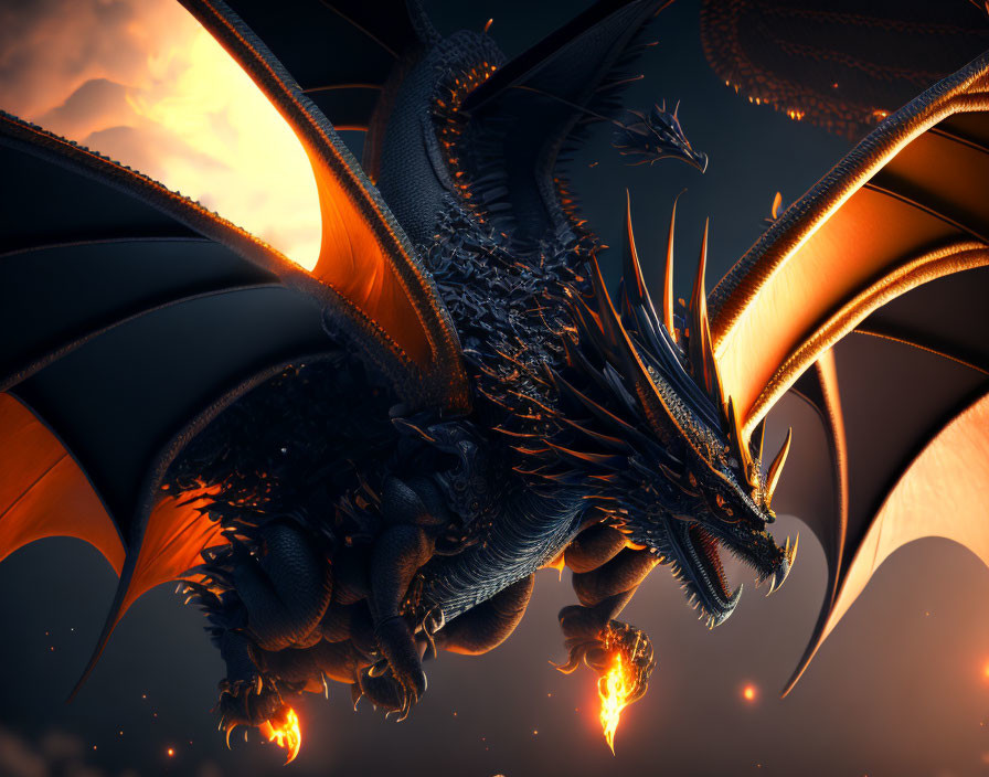 Fiery orange dragon soaring with glistening scales in sky.