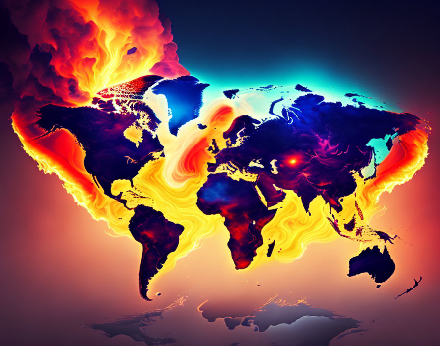 Colorful World Map with Fiery Heat Patterns in Blues, Oranges, and Reds