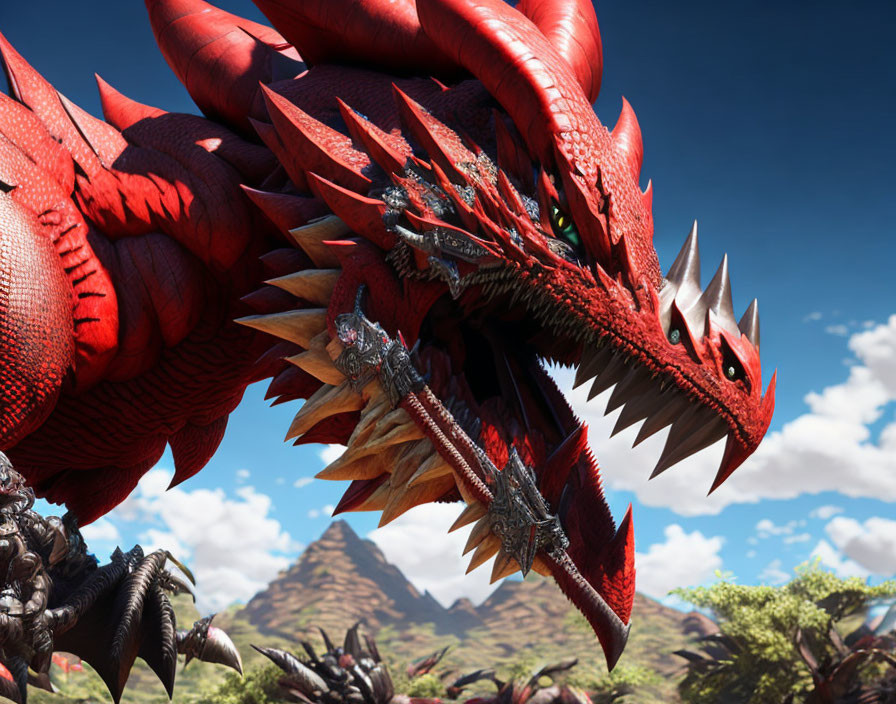 Red multi-headed dragon roaring against blue sky and mountains.