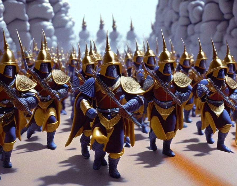 Golden-armored knights with blue capes marching in formation across a landscape with pale cloud-like formations