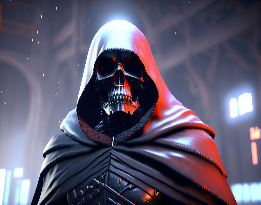 Sinister figure with glowing skull face in futuristic setting