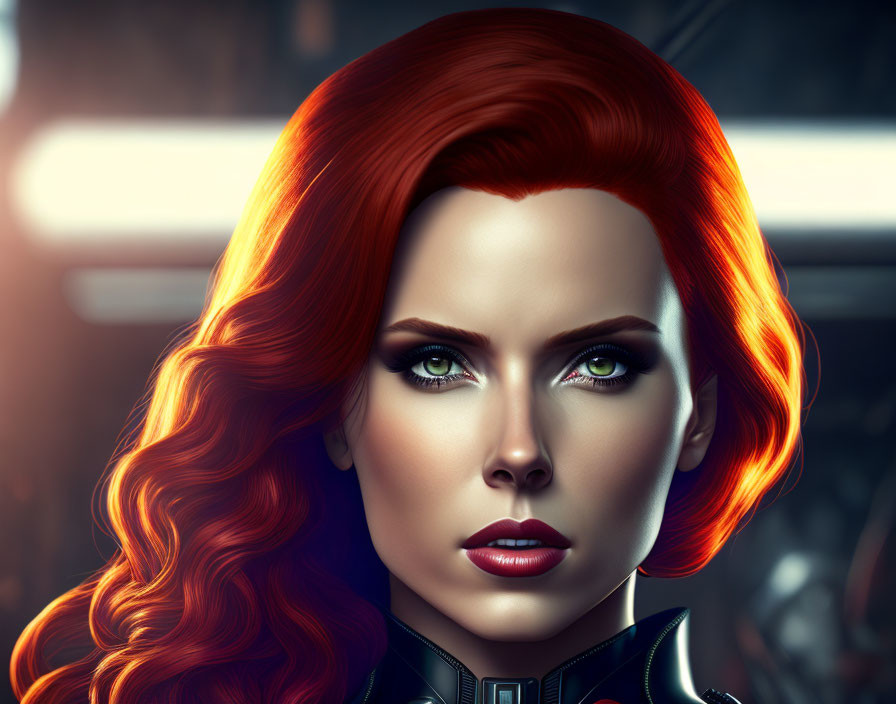 Digital art portrait: Female character with red hair, green eyes, black outfit