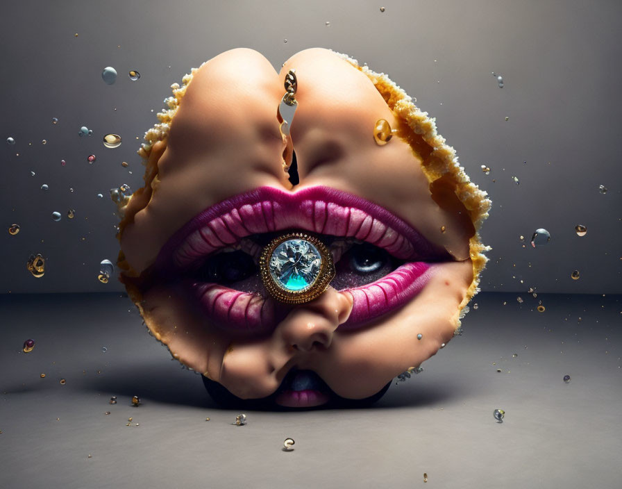 Surreal broken doll-like face with central eye, jewels, liquids on grey backdrop