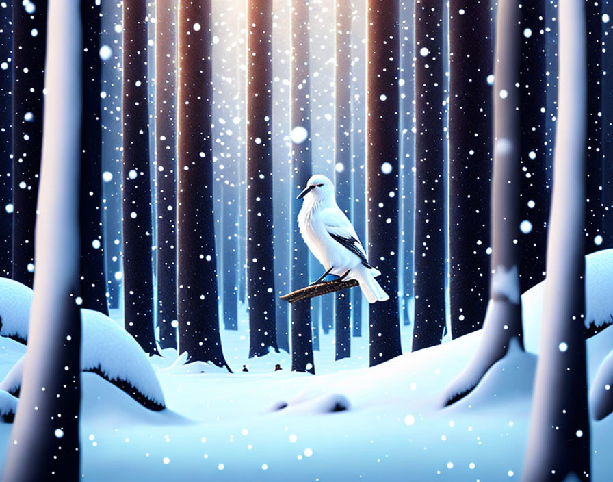 Tranquil winter landscape with bird on swing in snowy woods