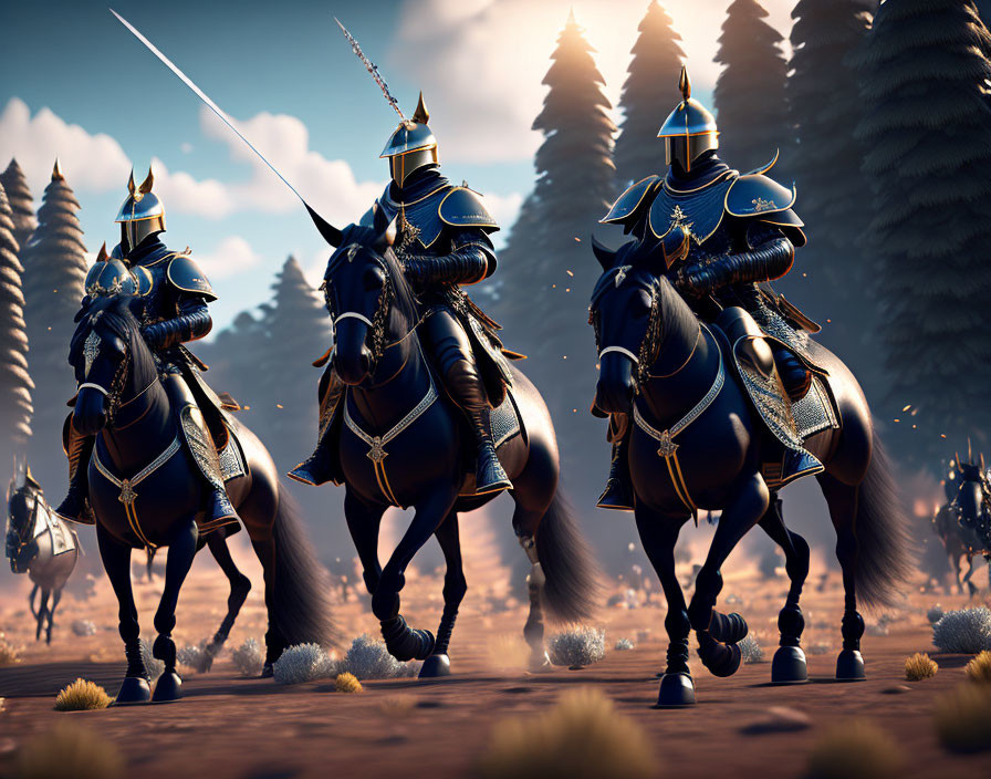 Medieval knights in black armor on horseback with drawn swords in a forest at dusk