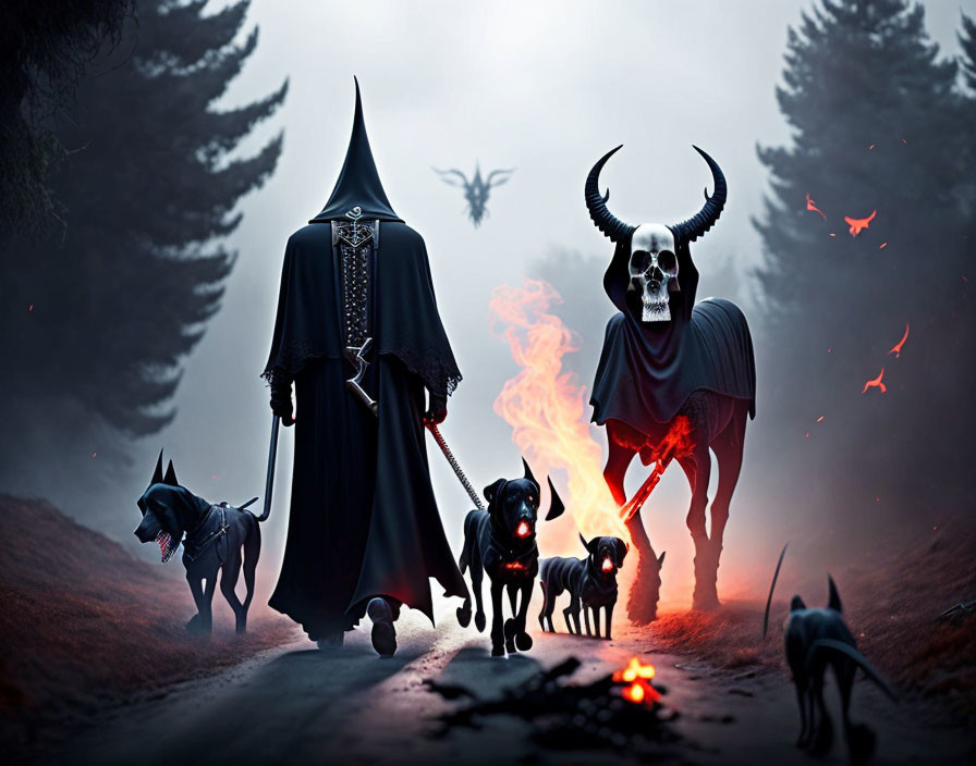 Robed Figures with Skull Masks and Dogs in Dark Forest