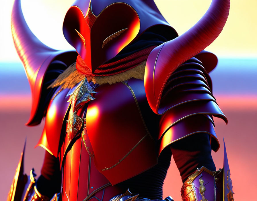 Character in Crimson and Gold Armor with Horns and Cape on Warm Background