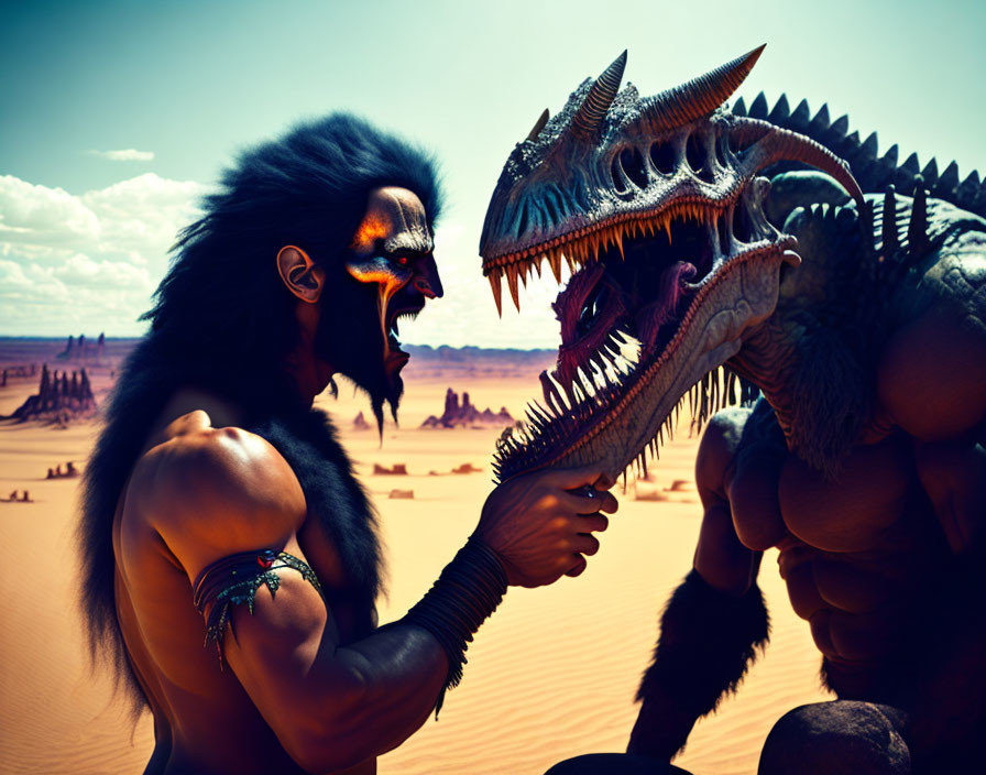 Muscular lion-headed figure battles dragon in desert landscape