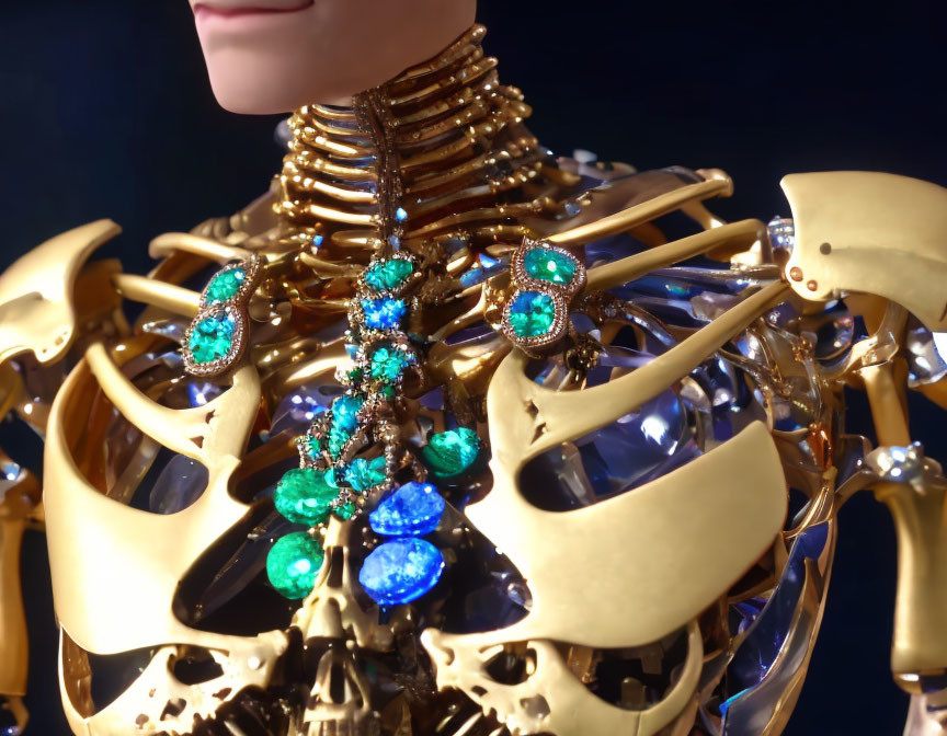 Ornate gold-colored robotic torso with jewel-like neckpiece on dark background