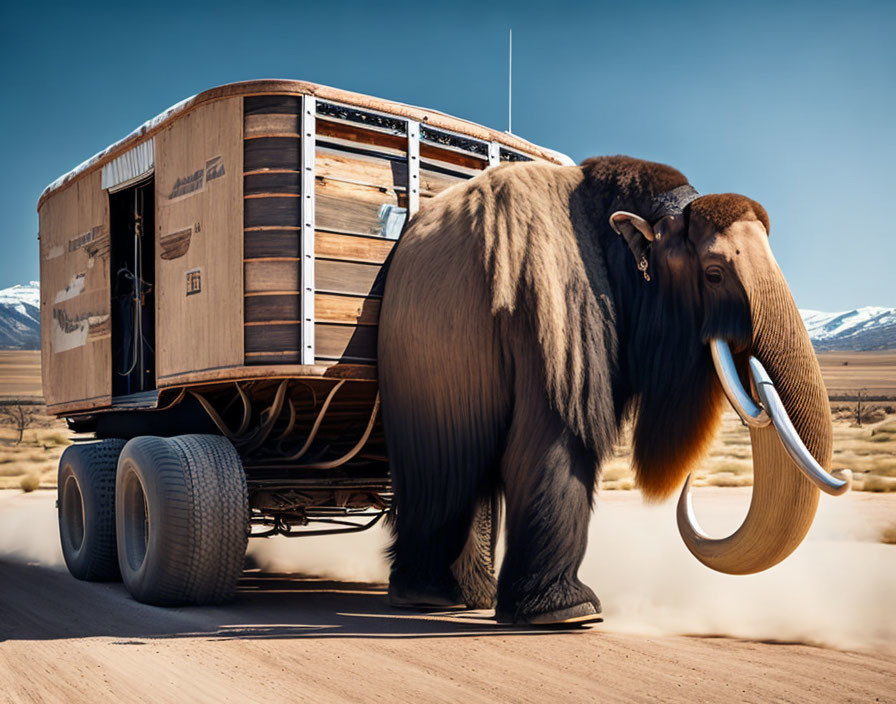 Elephant with tusks carrying wooden trailer on road in desert