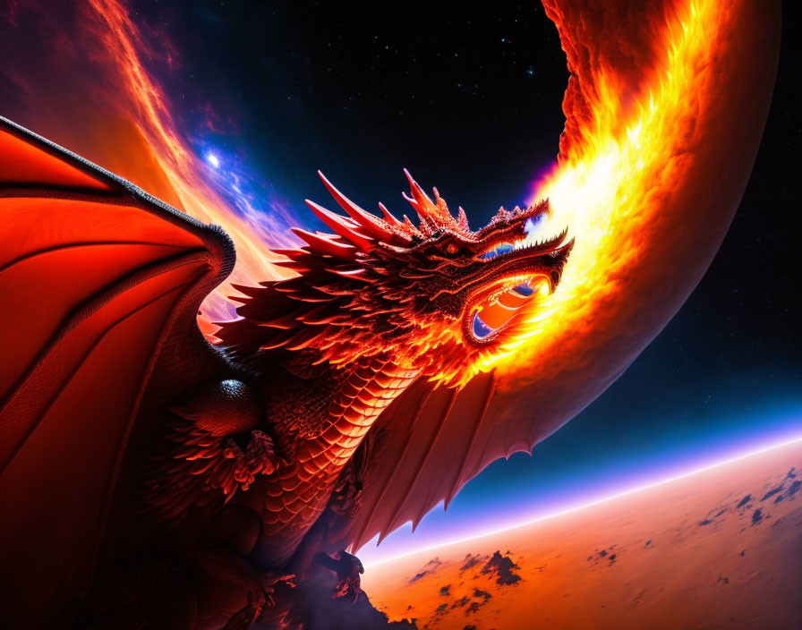 Majestic red dragon flying in space with fiery planet background